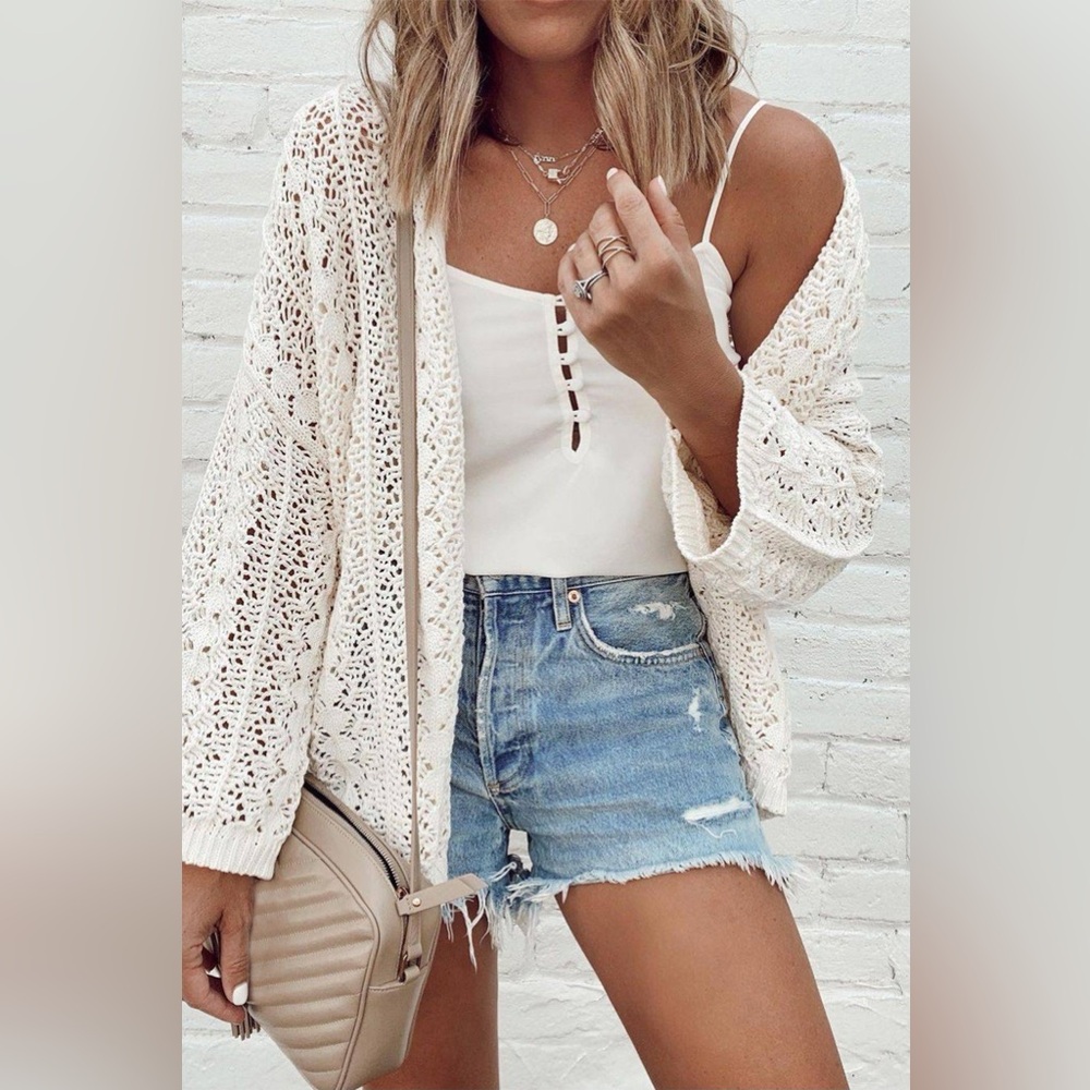 White Openwork Dropped Shoulder Cardigan- Synz